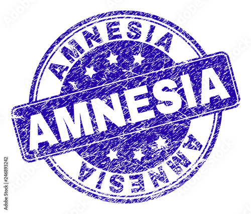 AMNESIA stamp seal imprint with grunge texture. Designed with rounded rectangle and circles. Blue vector rubber print of AMNESIA tag with scratched texture.