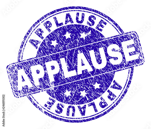 APPLAUSE stamp seal watermark with distress texture. Designed with rounded rectangle and circles. Blue vector rubber watermark of APPLAUSE tag with dust texture.