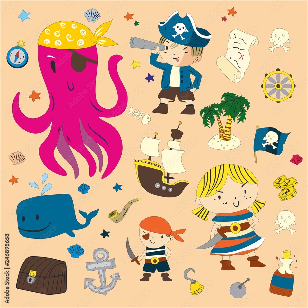 Fototapeta premium Cartoon pirates whale parrot blindfold saber frigate chest tube octopus palm flag flag steering sailor