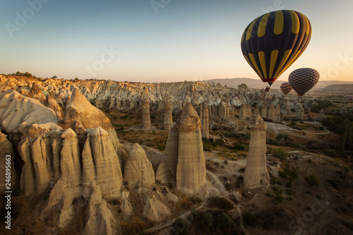 View from above the Cappadocia Valleys with balloons. Turkey.