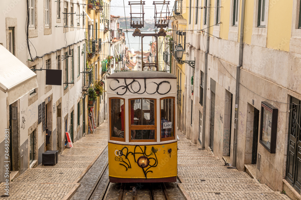 Fototapeta premium Traditional transport of Lisbon. Tram in Portugal, Europe