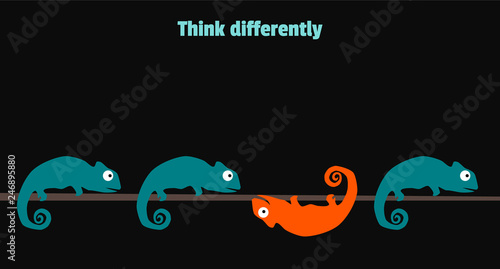 Think differently concept. Vector illustration. Funny chameleon changing direction.