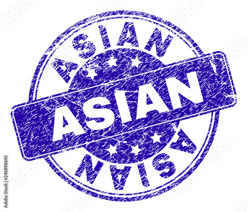 ASIAN stamp seal watermark with distress texture. Designed with rounded rectangle and circles. Blue vector rubber watermark of ASIAN tag with corroded texture.