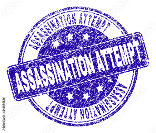 ASSASSINATION ATTEMPT stamp seal watermark with grunge texture. Designed with rounded rectangle and circles. Blue vector rubber watermark of ASSASSINATION ATTEMPT caption with grunge style.