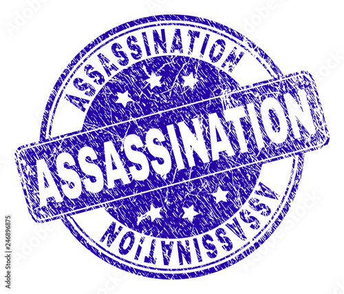 ASSASSINATION stamp seal watermark with distress effect. Designed with rounded rectangle and circles. Blue vector rubber watermark of ASSASSINATION title with dirty style.