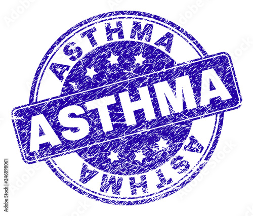ASTHMA stamp seal watermark with distress style. Designed with rounded rectangle and circles. Blue vector rubber watermark of ASTHMA text with dirty style.