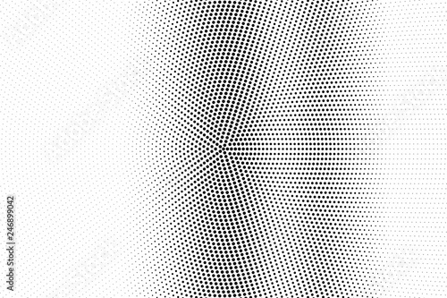 Black on white round halftone texture. Vertical dotwork gradient. Dotted vector background. Monochrome halftone overlay