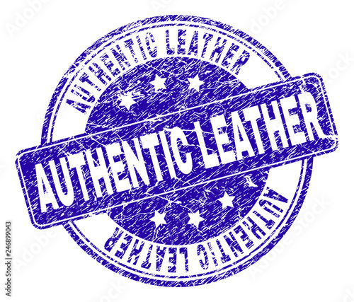 AUTHENTIC LEATHER stamp seal imprint with distress style. Designed with rounded rectangle and circles. Blue vector rubber print of AUTHENTIC LEATHER text with grunge style.