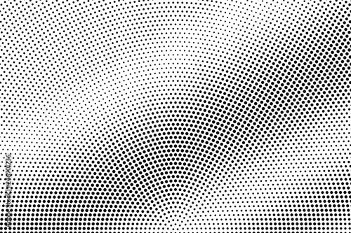 Black on white radial halftone texture. Diagonal dotwork gradient. Rough dotted vector background
