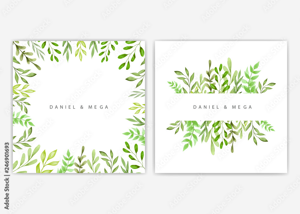 Frame of green leaves and branches for wedding invitation