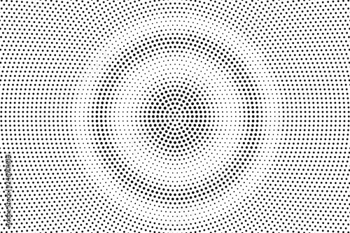 Black on white round halftone texture. Grungy dotwork gradient. Distressed dotted vector background.