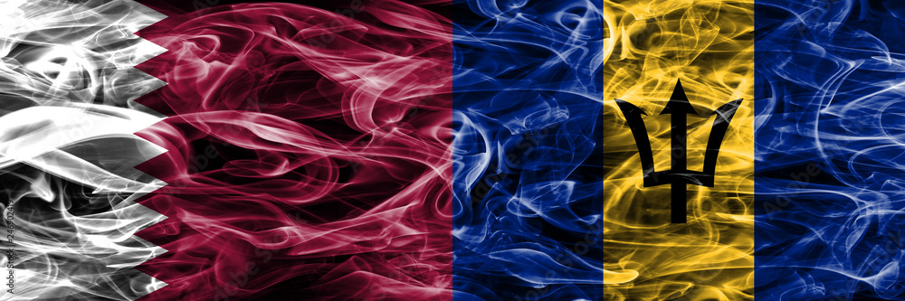 Fototapeta premium Qatar vs Barbados, Barbadian smoke flags placed side by side. United Arab Emirates. UAE.