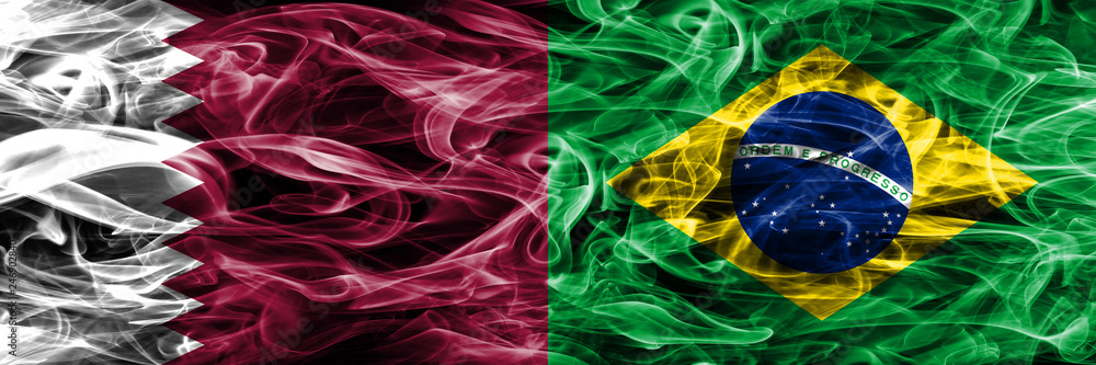 Fototapeta premium Qatar vs Brazil, Brazilian smoke flags placed side by side. United Arab Emirates. UAE.