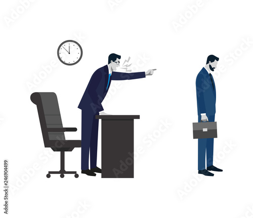 The chief shouts at the subordinate in connection with falling of sales. The chief shouts. Angry boss character scream. Vector illustration. boss dismisses subordinate