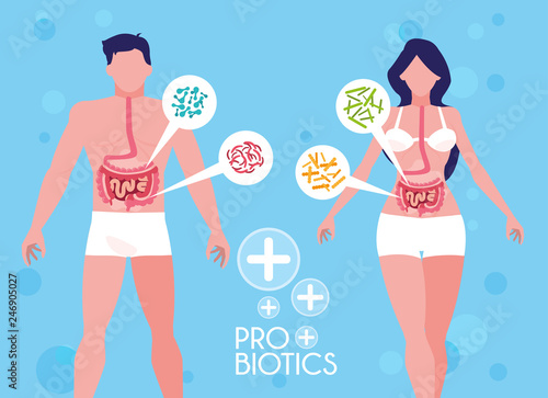 body of man and woman with probiotics organisms