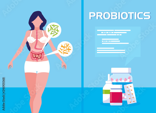 body of woman with medicines probiotics