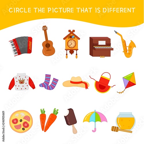Circle the picture that is different  Educational game for children. Cartoon vector illustration.