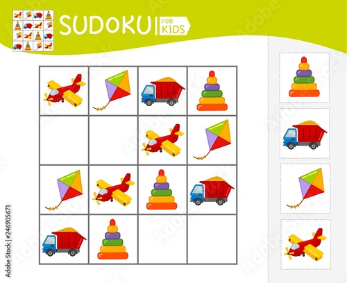 Sudoku game for children with pictures. Kids activity sheet. Cartoon toys.