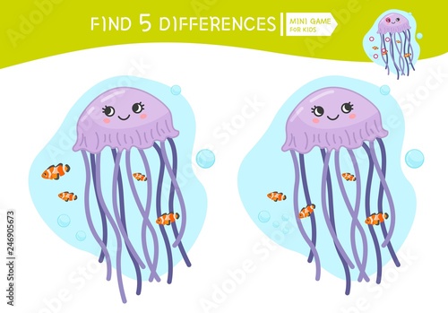 Find differences.  Educational game for children. Cartoon vector illustration of cute jellyfish.