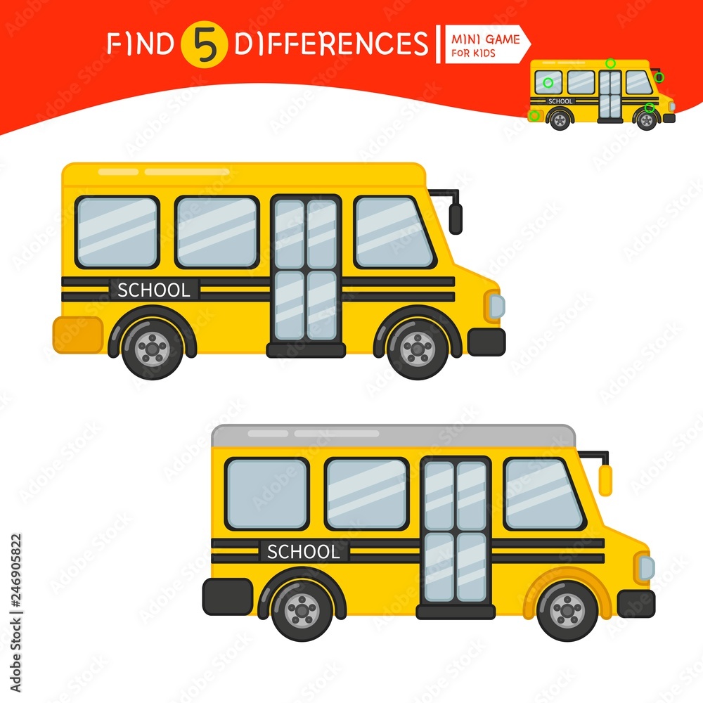 Find differences.  Educational game for children. Cartoon vector illustration of cartoon bus.