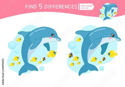 Find differences.  Educational game for children. Cartoon vector illustration of cute dolphin.