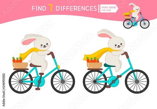 Find differences.  Educational game for children. Cartoon vector illustration of cute hare on a bicycle.