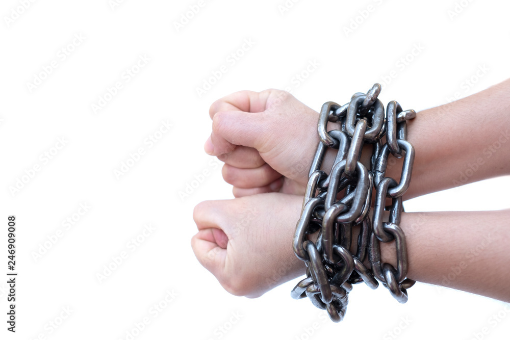 Chained lady hands on white background Chained lady hands on white background
