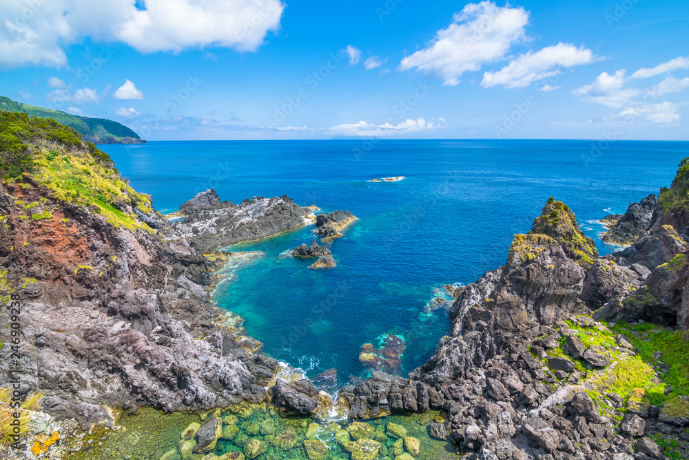 Fototapeta premium Beautiful view of the beach in Santa Cruz das Flores Village - Flores Island - Azores Portugal