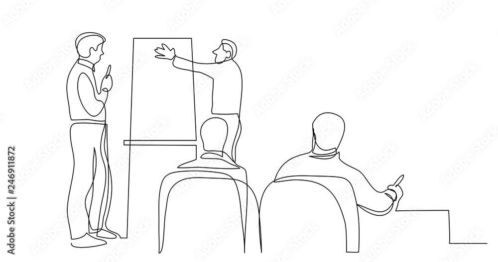 Self drawing line animation of business colleagues discussing presentation at meeting Self drawing line animation of business colleagues discussing presentation at meeting