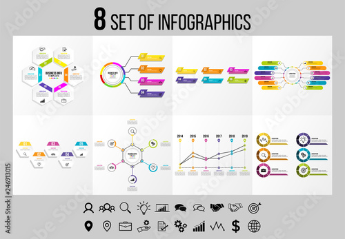 Set Of 8 Infographics Elements Vector Design Template. Business Data Visualization Infographics Timeline with Marketing Icons most useful can be used for workflow, presentation, diagrams, reports