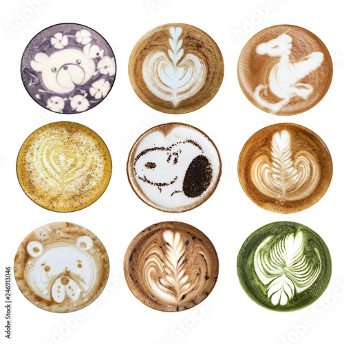 Collage of latte art pictures on white background isolated. Coffee latte art cappuccino foam set bears, rose, heart, dog and flowers