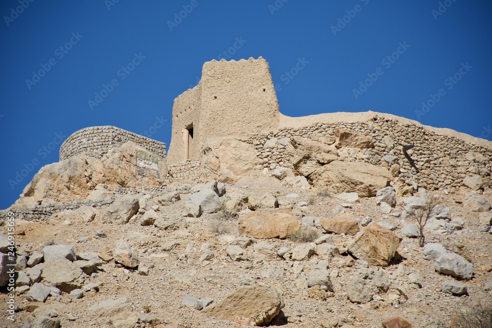 A look up to Dhayah Fort in Ras al Khaimah in the sunshine. 