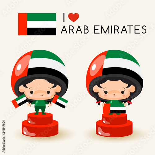 Boy and girl wearing national hat and holding national flags : United Arab Emirates : Vector Illustration