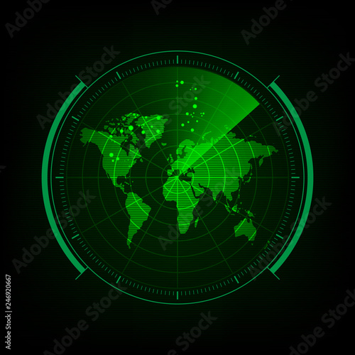 Radar screen with futuristic user interface and digital world map Vector illustration.