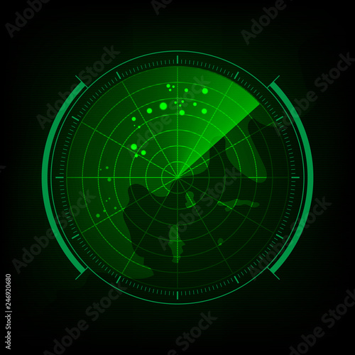 Radar screen with futuristic user interface and digital world map Vector illustration.