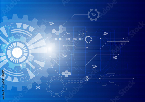 Vector illustration white gear wheel on circuit board, Hi-tech digital technology and engineering.