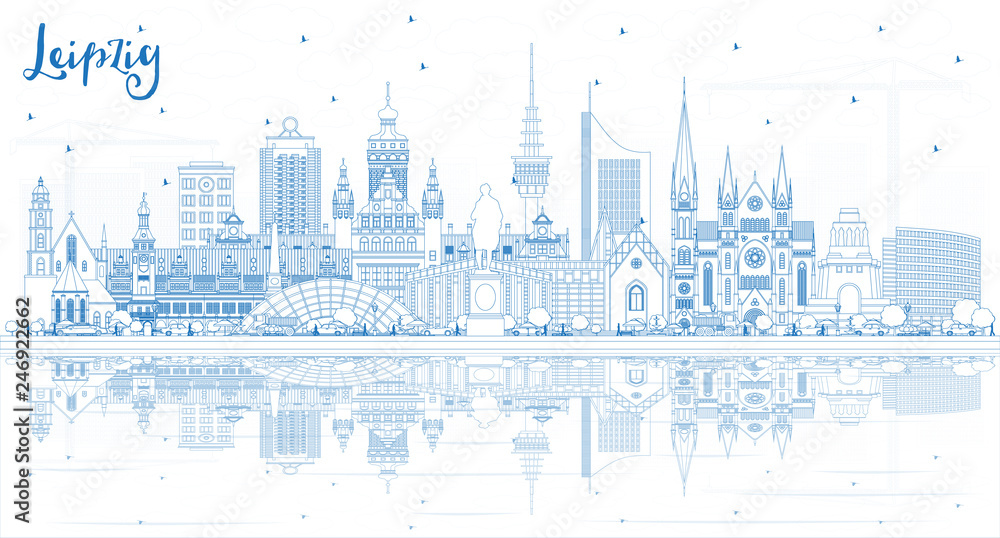 Obraz Zarys Lipska Niemcy Panoramę miasta z niebieskimi budynkami i odbiciami.