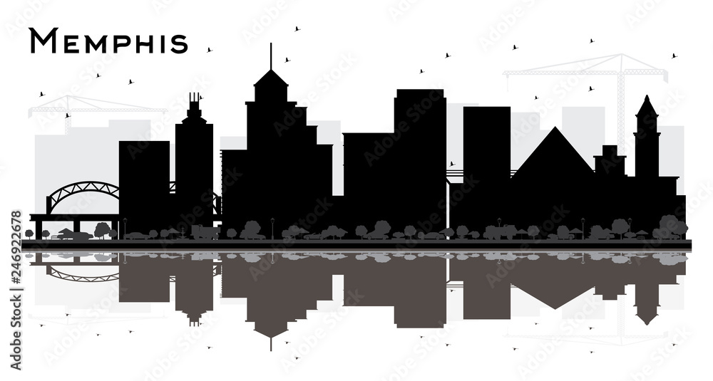 Memphis Tennessee Skyline Silhouette with Black Buildings and Reflections Isolated on White.