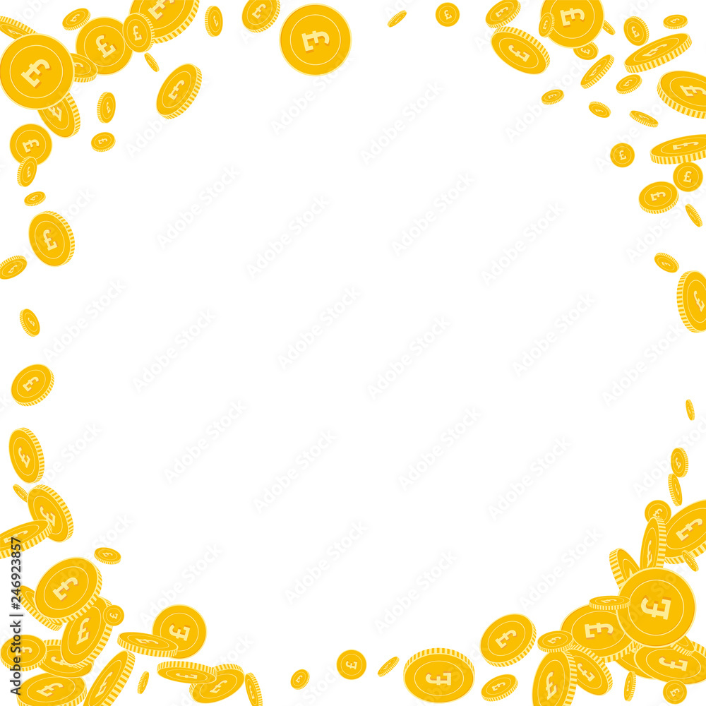 British pound coins falling. Scattered disorderly British pound coins falling. Scattered disorderly