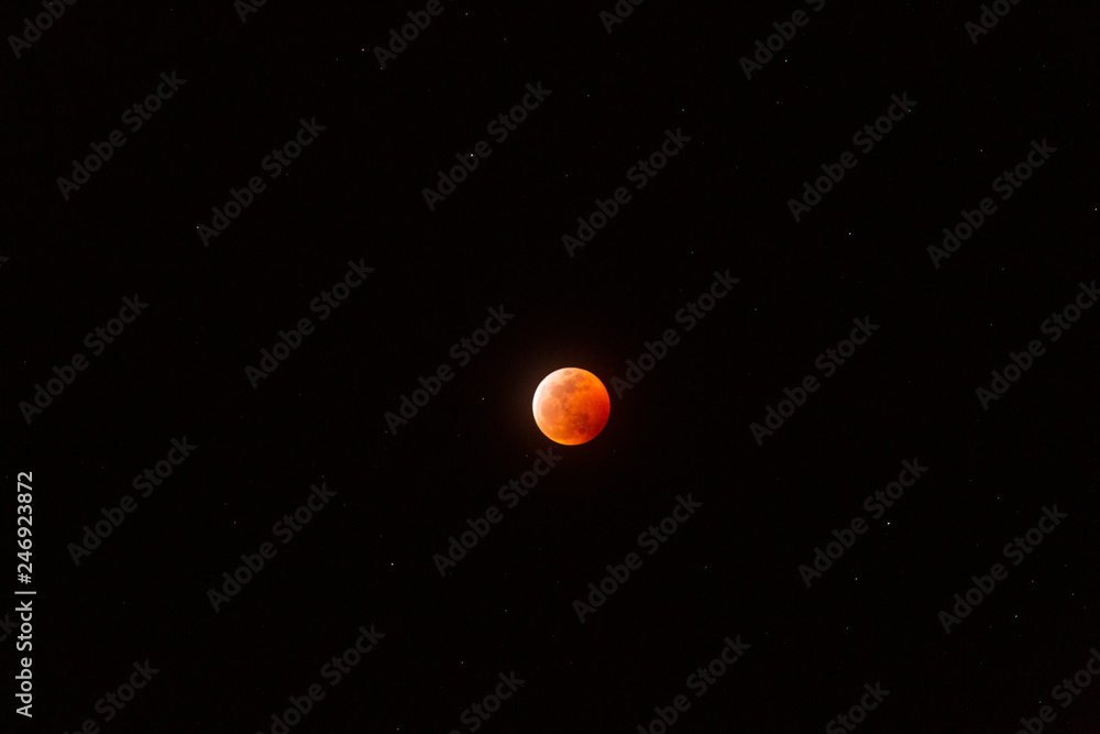 The full Lunar Eclipse in January of 2019 shows the moon in full eclipse and pictures a orangey, red moon glowing in the sky with a section on the edge with whiteish light from the glow of the sun. 