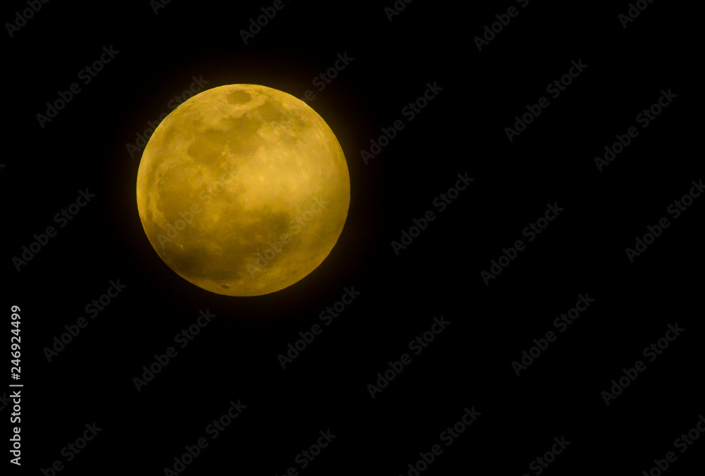 Fototapeta premium The full moon and its orange brightness is photographed in the night sky from Arizona.