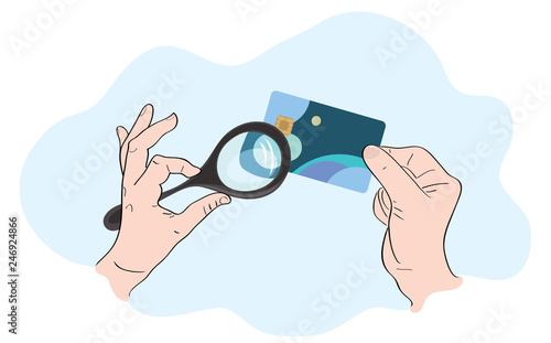  attentive solvency check. vector illustration of hands with a payment card and a magnifying glass