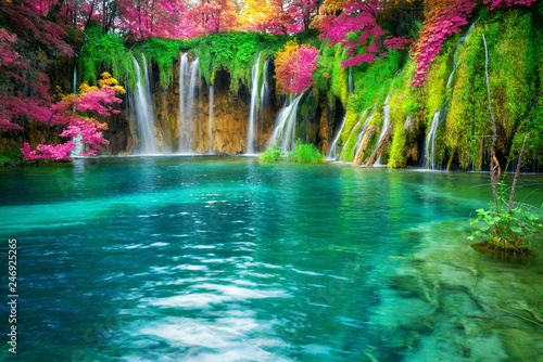 Exotic waterfall and lake landscape of Plitvice Lakes National Park, UNESCO natural world heritage and famous travel destination of Croatia. The lakes are located in central Croatia (Croatia proper). photo