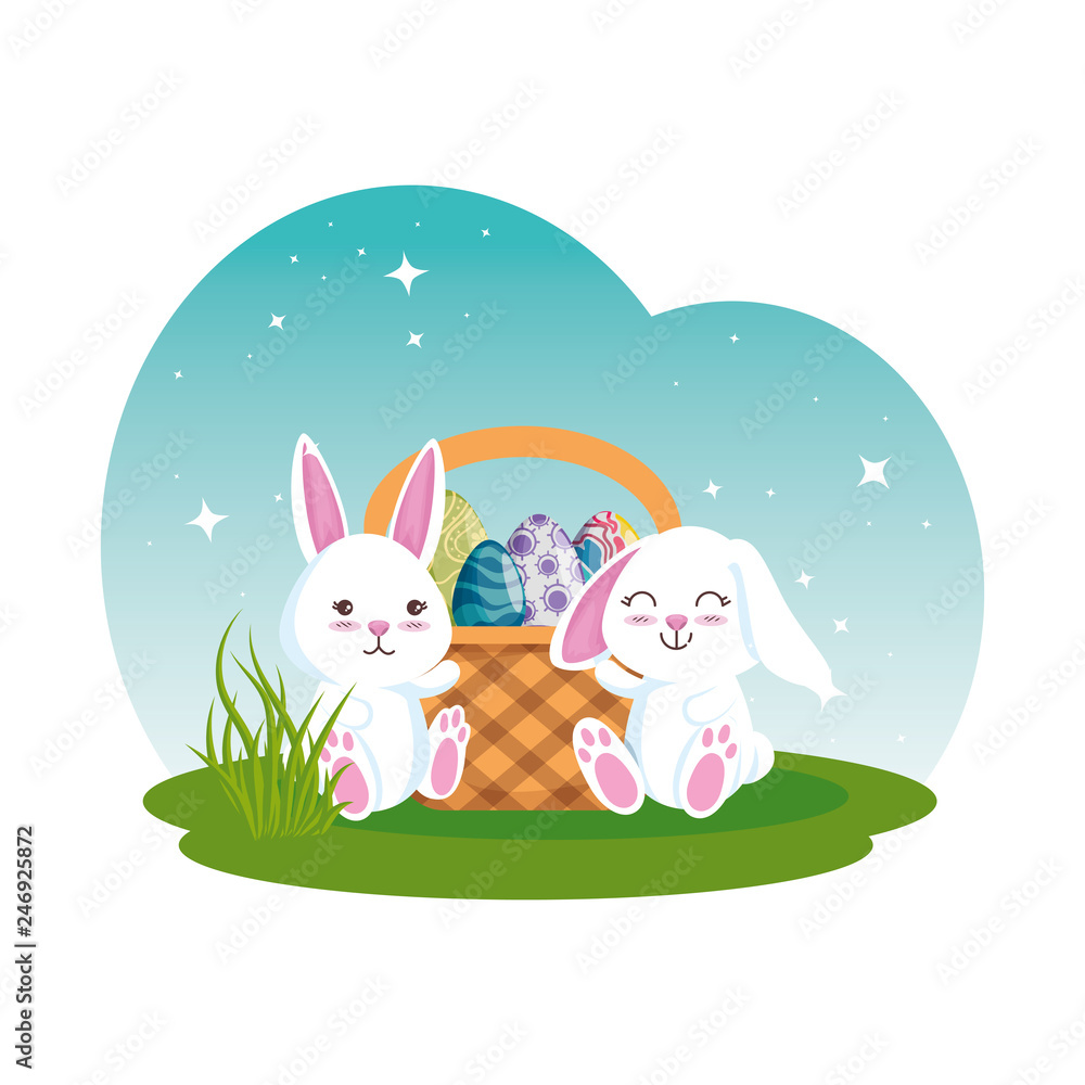 Fototapeta premium cute rabbits couple with easter egg painted in basket