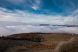 Mountains and Hills panoramic view of the landscape. villages and approaching fog.