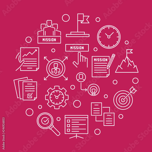 Mission vector round concept simple illustration in outine style on red background photo