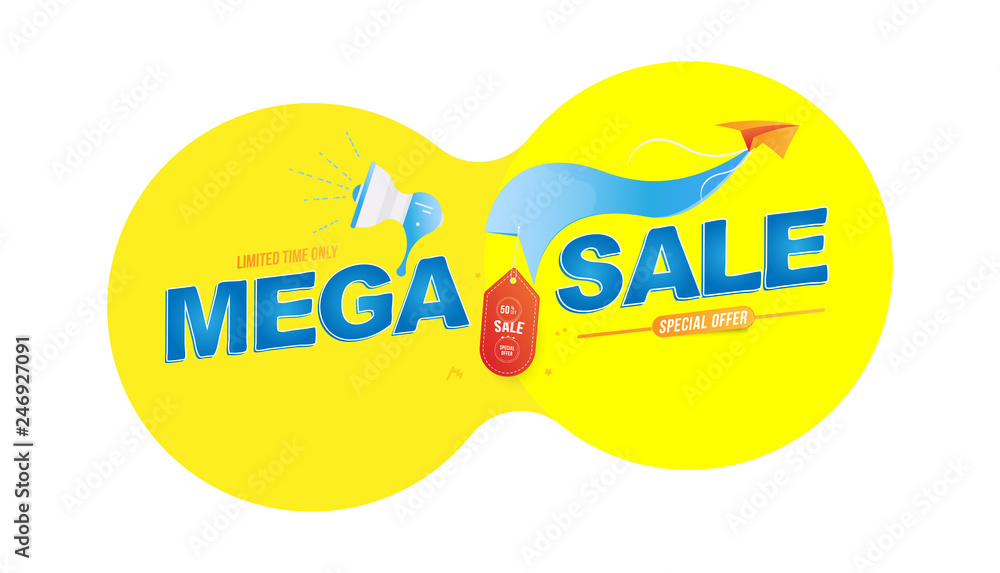 Mega Sale 50% banner template design. Loudspeaker and paper airplane with special offer. Flat vector illustration EPS 10.