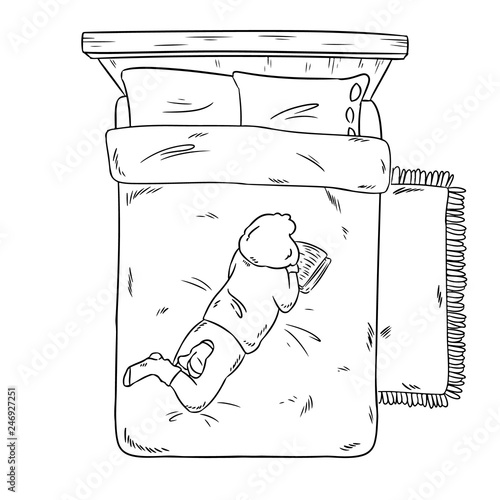 Girl reading on the bed. Comic style image for coloring. Top view.