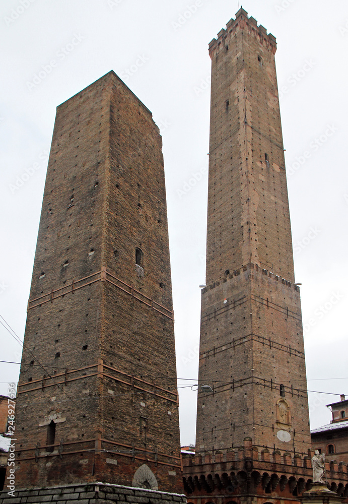 Two leaning towers in italian city Bologna