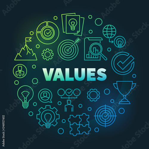 Business Values vector round colored linear illustration on dark background